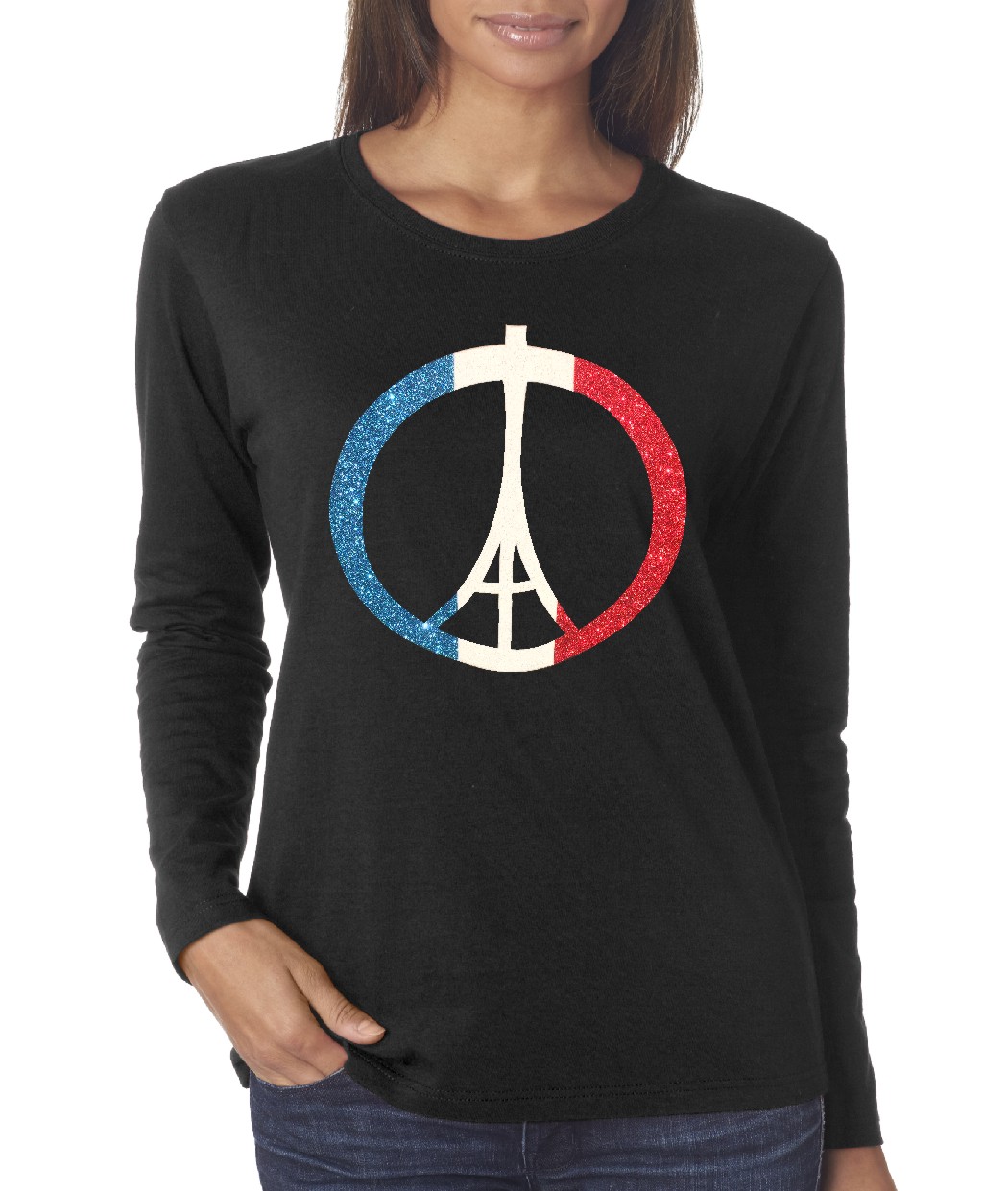 Paris Peace Eiffel tower glitterflake on black long sleeve shirt